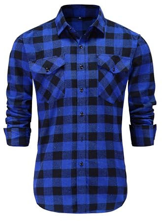 Dioufond Men Flannel Shirt Long Sleeve Lumberjack Costume Mens Checked Shirts Black Blue Flannel Large