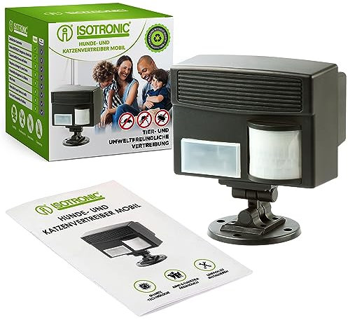 ISOTRONIC Ahuyentador de Perros, Gatos, liebres, Animales Salvajes con ultrasonidos | Repelente ultrasónico de Animales Salvajes | Apto para jardín, Huerta, Patio, terraza, plantaciones, siembras