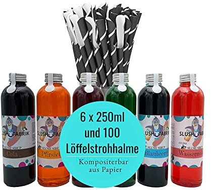 Sirup Partyset 6 x 250ml und 125 Löffelstrohhalme aus Papier für Slush, Getränke AZO und Glycerin Frei | Slushy Eis selber machen | Slushmaschine Konzentrat 1:5, Perfekt für Ninja Slushy Maschine