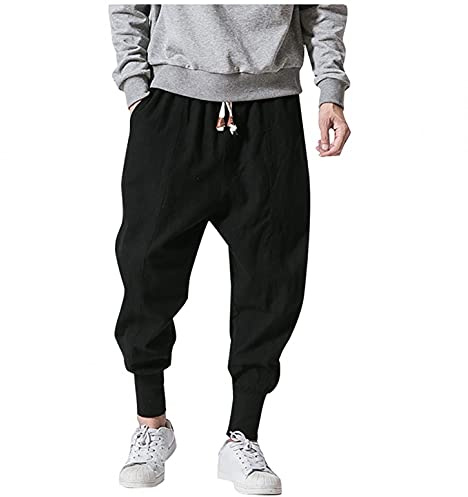 Walaka Pantalon de Jogging Cargo Harem Streetwear Homme Sarouel Style Japonais en Lin Décontracté Baggy Chinois