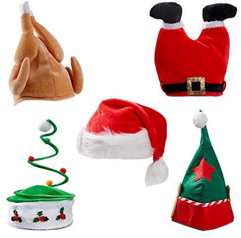 THE TWIDDLERS - 5 Weihnachtsmütze Party Hütes für Kinder und Erwachsene - Weihnachtsmützen Erwachsene & Kinder (Truthahn, Elf, Baum, Weihnachtsmannbeine und Weihnachtsmannmütze, 5)