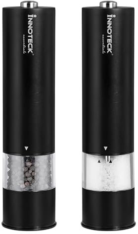 Innoteck Essentials Electric Salt and Pepper Mill Set - Battery-Operated Black Pepper Mill with Light - One Touch Operation - Salt & Pepper Mills - Adjustable Coarseness - Ceramic Grinder