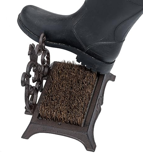 MyGift Heavy Duty Shoe Brush Outdoor, Boot Scraper Scrubber, Boot Mud Cleaning Dirt Remover Brush for Porch, Rustic Dark Brown Cast Iron with Vintage Baroque Scrollwork Design