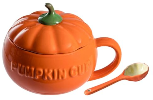 DOITOOL Pumpkin Shape Ceramic Mug with Lid and Spoon Orange Coffee Cup for Home Tea Milk Autumn Kitchenware