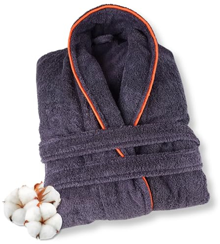 ELEVAVIDA Men's Bath Robe Made of Cuddly Cotton, Extra Soft and Comfortable, Size S/M/L/XL/XXL - Terry Towelling Sauna Bathrobe - Oeko-Tex Certified, Anthracite-orange, L