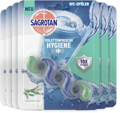 Sagrotan Toilettenfrische Hygiene Plus WC-Spüler – Toilettenreiniger gegen Bakterien, Kalk und Schmutz – Duft: Eukalyptusfrische – 6er Pack