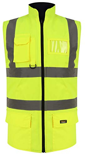 Dolce Fashions® High Visibility Bodywarmer Fleece Lined Reversible Gilet Jacket Adults Hi Vis Waterproof Workwear Security Safety Wear Warm Sleeveless Waistcoat Body Warmer Vest Top (Yellow, M)