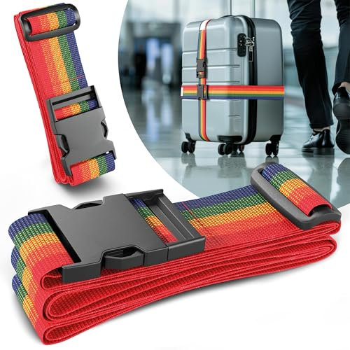 Koffergurt 2er Set - Kofferbänder sicher & auffällig - Gepäckband inkl. Namensschilder - Kofferband Gurt - Regenbogen