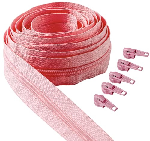 IPEA Cerniera Lampo Catena Continua Rosa lunga 5 Metri + 15 Cursori in Metallo – Made in Italy – Catena misura #5 – Cerniere in Nylon – Zip – Tagliabile per Cucito al Metro – Larga 30 mm