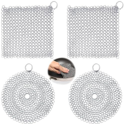 YOUNGSAY 4 Pezzi Scrubber in Cotta di Maglia, 10 x 10cm Pulitore per Piastra in Ghisa, Acciaio Inox Scrubber Chainmail Dell'acciaio per Wok/Griglia/Teglia da Forno (2 Forme)