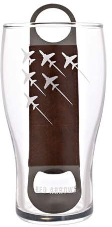 Officiellt licensierad Royal Air Force RAF pintglas och flasköppnare set – röda pilar – etsat grafiskt drickande ölglas hemmabar, kök och matsal för män, historia och luftfart – 480 ml/16 oz.