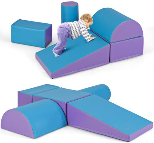 HOMFME Parcours Motricité Enfant avec Ensemble de 5 Blocs en Mousse, Jouets Éducatifs avec Remplissage en EPE, Modules de Motricité à Différentes Formes et Couleurs pour Enfants 3+ Ans (Bleu)