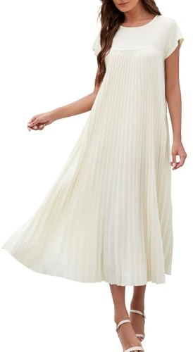 Adigaber Mujeres Largo Vestido Plisado Verano Casual Cuello Redondo Sólido Vestido con Bolsillos
