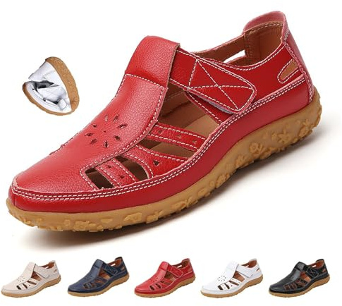 MAOAEAD Mary Jane Scarpe da donna in vera pelle sandali da pescatore estate comfort chiuso punta ortopedica sandali casual lavoro ufficio infermieristica scarpe, Rosso, 44 EU