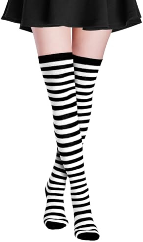 Alaoo Chaussettes Femme à Rayures au-dessus du Genou, Chaussettes Hautes de Genoux pour Sport, pour l'automne et l'hiver de Noël pour Halloween Cosplay Fête, Blanc + Noir
