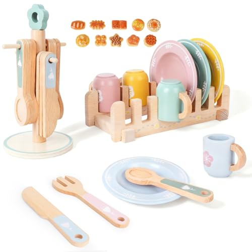 32 Piezas Cocina Juguete, Cocinita Infantil Juguete para Niños, Accesorios Cocina Juguetes con Platos y Vajilla, Juguetes de Cocin-a de Madera