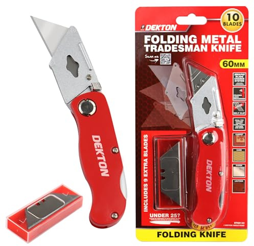 Dekton Folding Metal Tradesman Knife with Ergonomic Handle Rapid Blade Change Zinc Alloy Body Belt Clip and Folding Lock Includes Spare Blades for Vinyl Rubber Plastics and Carpet