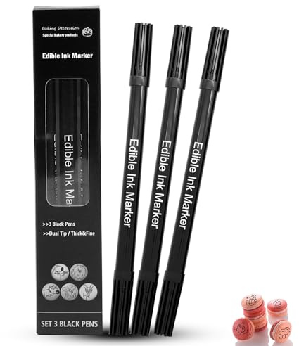 3 Feutres Alimentaires Noirs - Stylos Double Pointe à Encre Comestible pour Décoration de Gâteaux, Biscuits, Chocolat et Macarons - Stylo Noir pour Pâtisserie