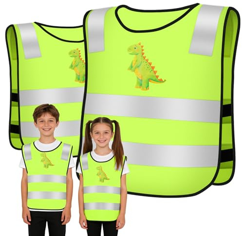AUYAO 2 Pieces Hi Vis Vests for Kids Children's Reflective Safety Vests High Visibility Fluorescent Reflective Vest Reflective Waistcoat for Children Running Cycling Camping Hiking(Dinosaur)