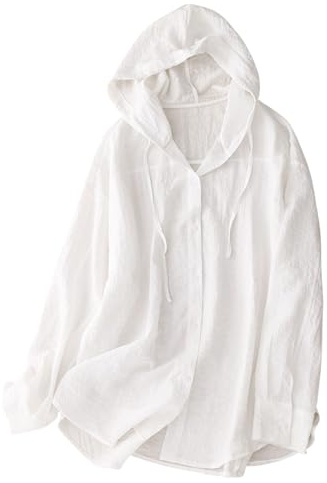 Sun Protection Cotton Linen Shirts for Women UK Oversized Hoodie Casual Loose Long Sleeve Button-Down Tops with Hood Summer Hooded Blouse Outdoor Beach Lightweight Shirt Jackets