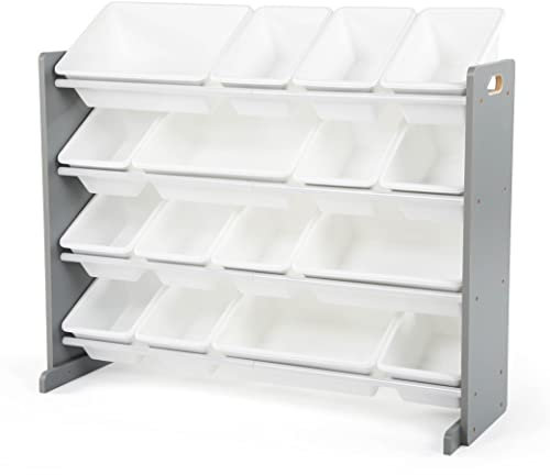 Humble Crew Kinderregal – großes Spielzeugregal mit 16 Aufbewahrungsboxen, Organizer für Kinderzimmer, Grau/Weiß