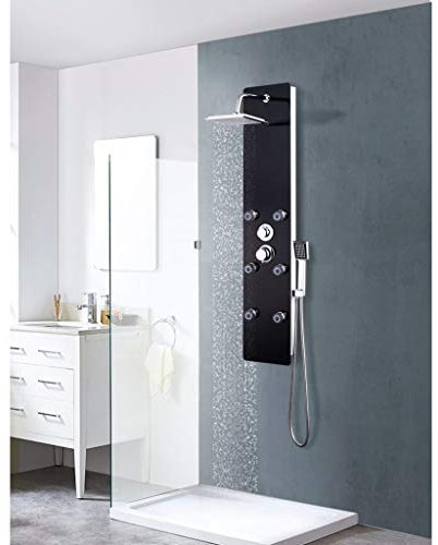 Festnight Panel de Ducha de Vidrio con 3 Función Set Ducha (Ducha Tipo Lluvia, Jets de Masaje y Ducha Manual con la Alcachofa) 25x44,6x130 cm Negro