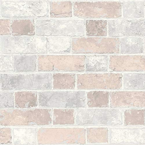 Muriva Kinsley Brick Wall Effect Stone Pale Pink Light Grey Rustic Wallpaper WD0070
