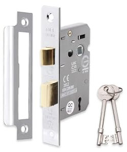 Infinity Decor CE Approved 2.5” Polished Nickel 3 Lever Mortice Sash Lock Set Key Locking Security Reversible Catch – for Internal and External Doors