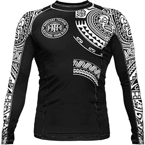 Hardcore Training Men's Rash Guard Compression Long Sleeve Kompression Lång Arm Herr Män Jiu Jitsu MMA No-Gi Tight BJJ (DE/NL/SE/PL, Alfa, 4XL, Regelbunden, Regelbunden, Black White)