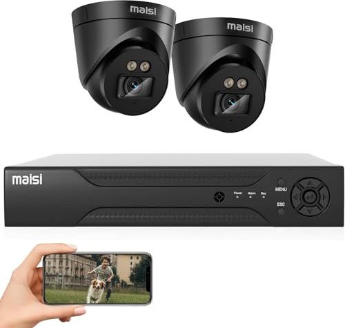 MAISI 3K CCTV Security Camera System, 4CH DVR 2x 5MP Dome Cameras, Night Vision, Easy Mobile View, App Push Notification, Waterproof, NO Hard Drive