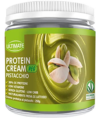 Ultimate Italia - Crema proteica al 30% spalmabile, senza zuccheri - 250g - gusto pistacchio - senza lattosio e glutine - 100% vegetale - poche calorie, con vitamine