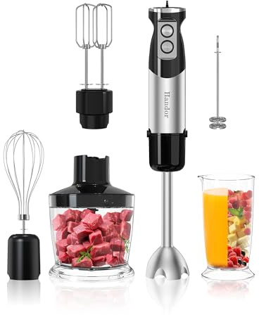 Handor 6-in-1 Hand Immersion Blender, 1000W 12 Speed Handheld Blender with 600ml Beaker, 500ml Chopper, Egg Whisk, Milk Frother, Stainless Steel Blades for Soup, Smoothie, Puree