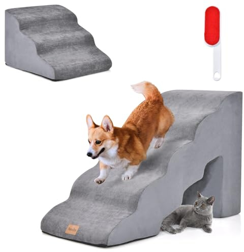 COSTWAY hundtrappa 5+3 steg, halkfritt hundstegsskum, 30+20 kg belastningsbart, hundtrappa för hundar katter, avtagbar kattrappa, hundtrappa för bäddsoffa, tvättbart överdrag (grå)