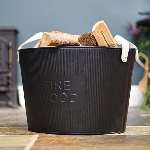 Large Black Steel Fire Wood Log Basket - Heavy Duty Coal & Log Bucket – Rustic Metal Fireplace Storage Container for Wood, Kindling & Ash – Fireside Accessory for Hearth, Cabin & Home