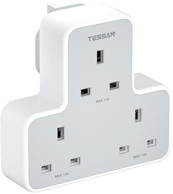 Multi Plug Extension Socket, TESSAN 3 Way Plug Adapter UK, Non Blocking Triple Socket Extensions, Multiplug Power Extender with 3 Electrical Outlets for Home, Office, School Supplies