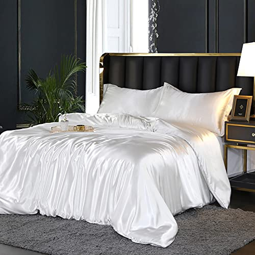 Housse de Couette Satin 220x240 Blanc avec 2 Taies d'oreiller 65x65 cm | Parure de Lit Adulte 2 Personnes, Satin de Soie Brillante, Linge de Lit, Fermeture Éclair