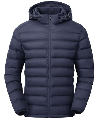 Gopune Men's Lightweight Puffer Jacket Detachable Hooded Water Resistant Puffy Winter Down Jackets for Snow Ski Travel,Navy XL