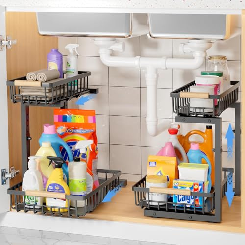 Bnimtm Kitchen Storage & Organisation, 2 Pack Under Sink Storage, Two Tiers of Pull-Out and Freely Adjustable Height Under Sink Organiser, Beautiful and Sturdy, Black