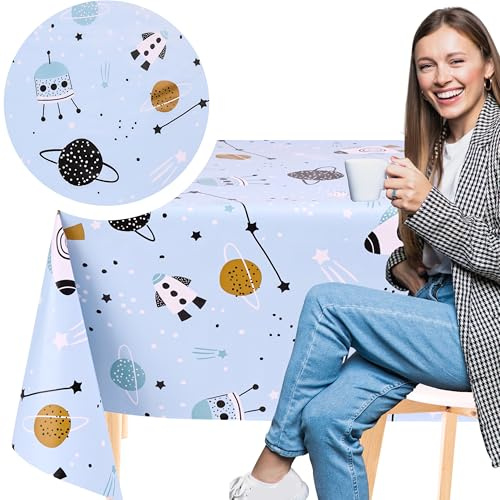 KP HOME Blue PVC Table Cloth Wipeable - Kids Rocket Space Wipe Clean Plastic Table Cover Square 55.1x 55.1 - 140x140cm Waterproof Oilcloth Tablecloth for Indoor and Outdoor Vinyl Galaxy Adventure