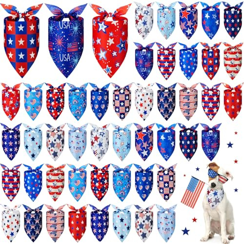 Preboun 50 Pcs Patriotic Dog Bandanas Bulk Memorial Day Bandanas for Dogs Triangle Kerchief Scarf Set for Pets July 4th Costume Photo Props Accessories Pet Shops, 25 Styles(25.6 x 17.7 x 17.7 Inch)
