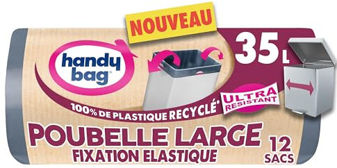 Handy Bag - Sacchi per rifiuti con fissaggio elastico, per pattumiere, larghi, 35 x 12 sacchetti - Adatto per bidoni rettangolari - Ultra resistente e impermeabile: pellicola a triplo spessore - 100%