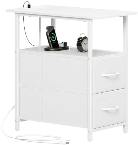 Somdot Table de Chevet Etroite, 2 Prises 2 USB, 2 Tiroirs en Tissu, Blanc