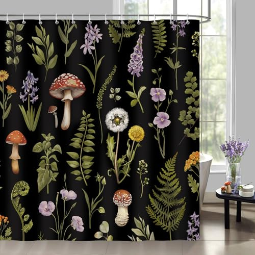 Bonhause Duschvorhang Retro Pilz Schwarz Wald Blumen Pflanze Natur Boho Duschvorhänge 180 x 180 cm Anti-Schimmel Wasserdicht Polyester Stoff Waschbar Bad Vorhäng für Badzimmer mit 12 Haken