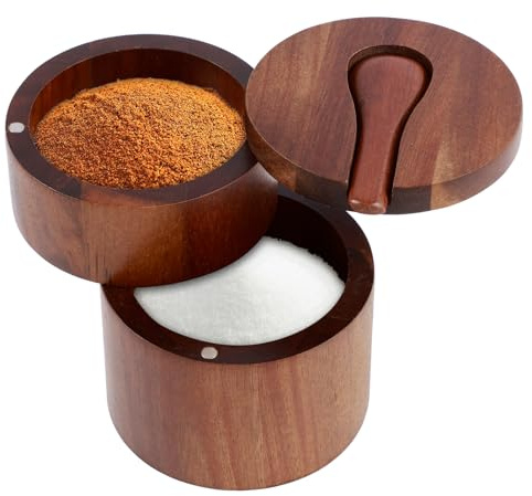 2-lagers akacia trä saltburk 9 x 9 x 10 cm saltströare med magnetiskt svänglock för kök saltbehållare med magnetiskt kryddglas trä för kök förvaring av salt peppar ört kryddkärl