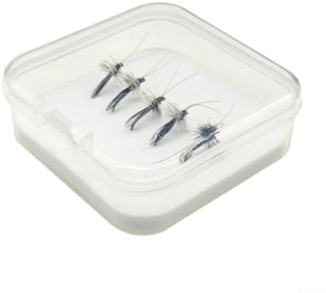 Yuanpgky Paquete de 5 señuelos de mosca de trucha, cebos de imitación para pesca en agua dulce y salada, juego de señuelos realistas con ganchos de púas, caja de almacenamiento impermeable (negro)