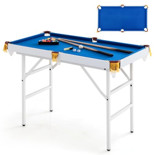 GYMAX Tavolo da Biliardo Portatile, Mini Tavolo da Gioco con Gambe Pieghevoli, Set da Sala Giochi Interno con 16 Palline, 2 Stecche, 2 Gessetti, Triangolo per Bambini e Adulti, Blu/Verde (Blu)