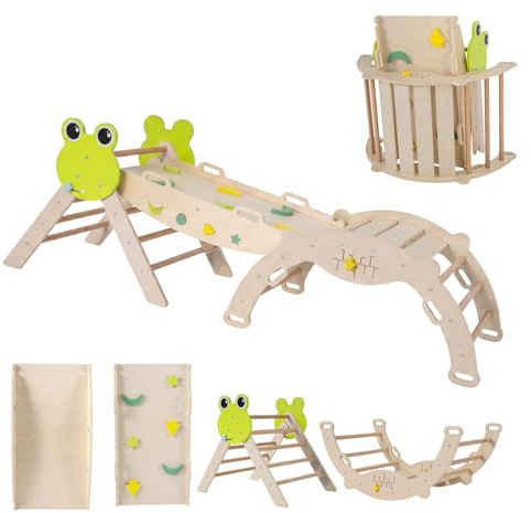 GOPLUS 7 en 1 Triangle Escalade Montessori pour Enfants 1 Ans+, Parcours Montessori Bebe Bois Pliable avec Arche, Rampe, Corde&Échelle, Pont, Aire de Jeux Intérieur (Grenouille|7 en 1,Bois Naturel)