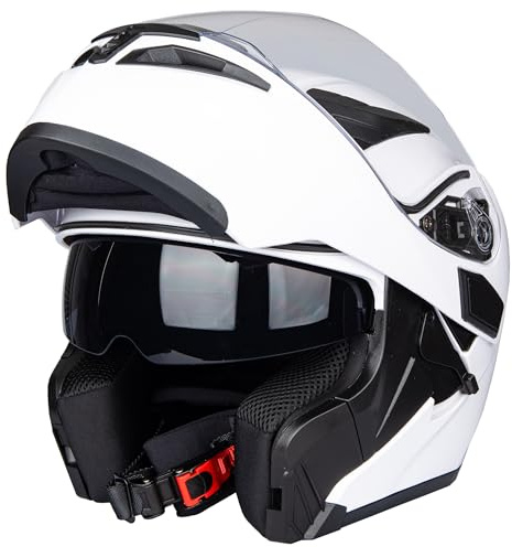 Oubaiya Casco de Motocicleta de Cara Completa, Solapa, Casco de Motocicleta Modular con Doble Visera, Aprobado por la ECE, para Hombres y Mujeres Adultos (Blanco, L)