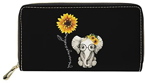Dolyues Damen-Geldbörse, lang, PU-Leder, Reißverschluss, Kreditkartenhalter, Geldtasche mit Münzfächern, Sonnenblumen-Elefanten-Aufdruck, Klassisch