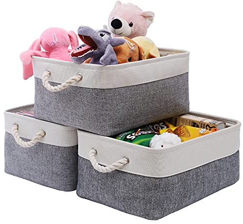 PWVMWM Small Fabric Storage Basket Set of 3, Waterproof Foldable Storage Baskets, Canvas Storage Boxes for Wardrobe, Bedroom, Office Products (Grey and White, 12.2x8.2x6.2inch)